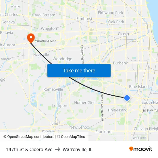 147th St & Cicero Ave to Warrenville, IL map