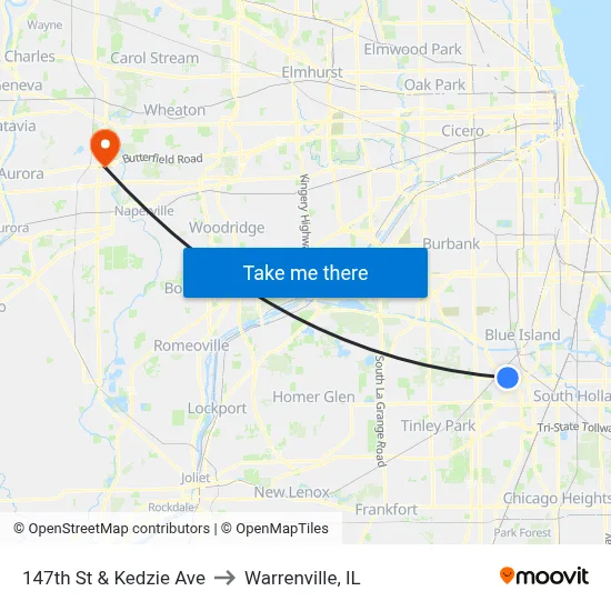 147th St & Kedzie Ave to Warrenville, IL map