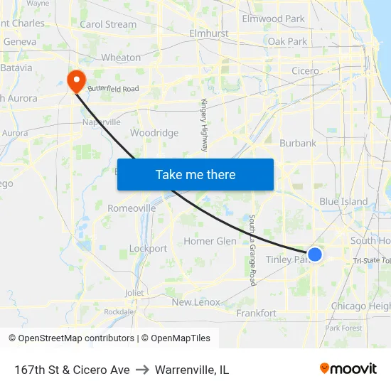 167th St & Cicero Ave to Warrenville, IL map