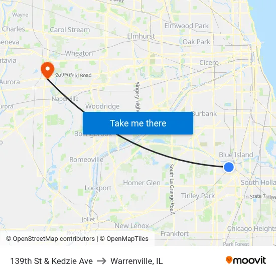 139th St & Kedzie Ave to Warrenville, IL map
