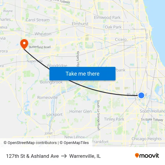 127th St & Ashland Ave to Warrenville, IL map