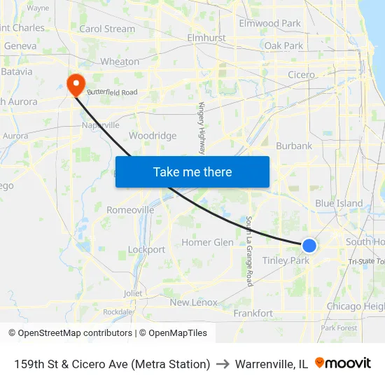159th St & Cicero Ave (Metra Station) to Warrenville, IL map