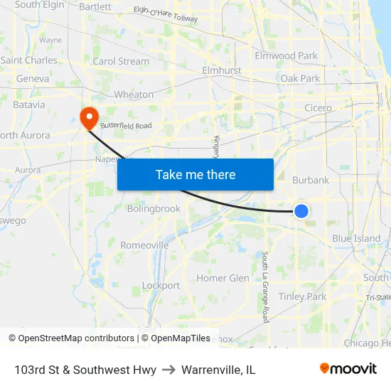103rd St & Southwest Hwy to Warrenville, IL map