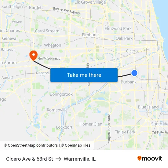 Cicero Ave & 63rd St to Warrenville, IL map