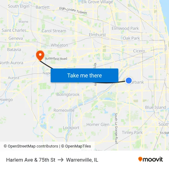 Harlem Ave & 75th St to Warrenville, IL map