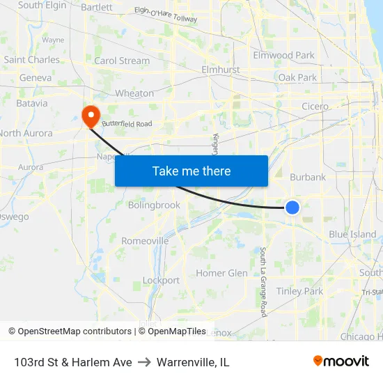 103rd St & Harlem Ave to Warrenville, IL map