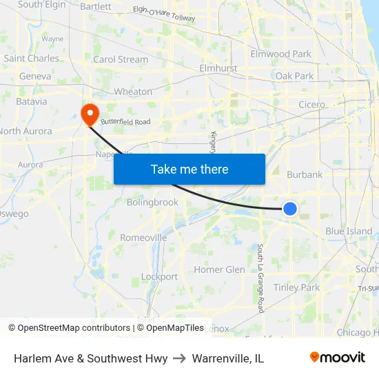 Harlem Ave & Southwest Hwy to Warrenville, IL map