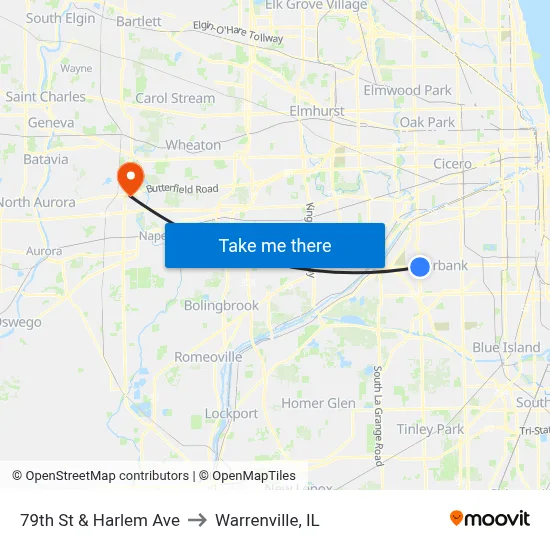 79th St & Harlem Ave to Warrenville, IL map