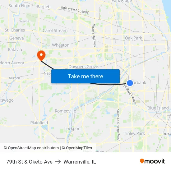 79th St & Oketo Ave to Warrenville, IL map