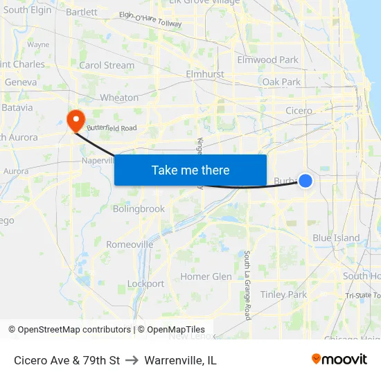Cicero Ave & 79th St to Warrenville, IL map