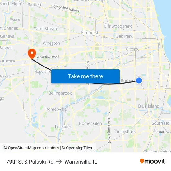 79th St & Pulaski Rd to Warrenville, IL map