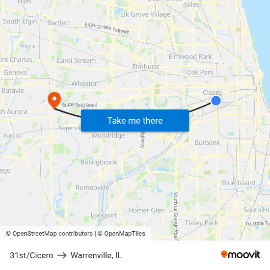 31st/Cicero to Warrenville, IL map
