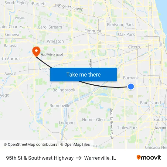 95th St & Southwest Highway to Warrenville, IL map