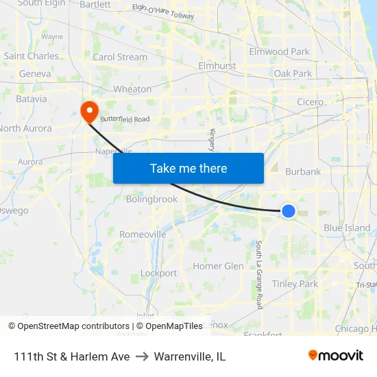 111th St & Harlem Ave to Warrenville, IL map