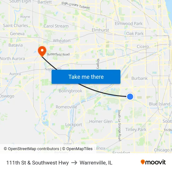 111th St & Southwest Hwy to Warrenville, IL map