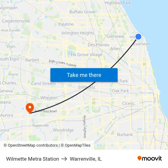 Wilmette Metra Station to Warrenville, IL map