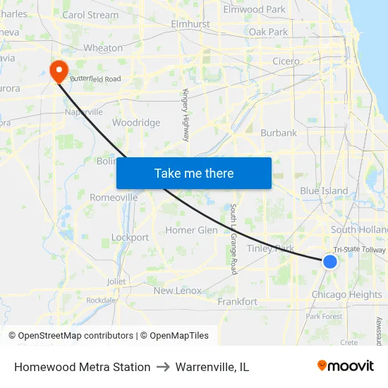 Homewood Metra Station to Warrenville, IL map