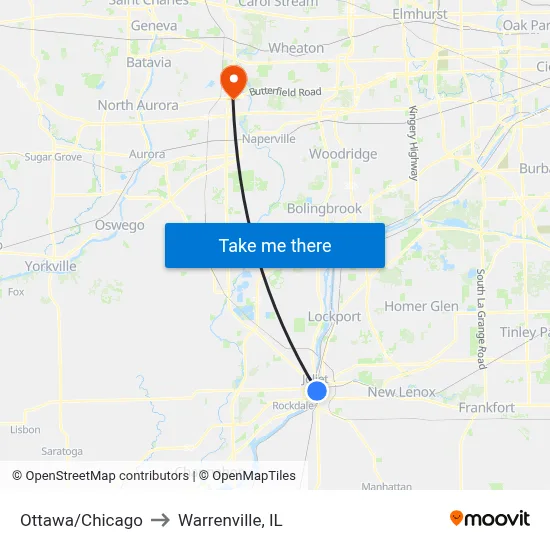 Ottawa/Chicago to Warrenville, IL map