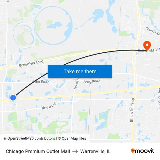 Chicago Premium Outlet Mall to Warrenville, IL map