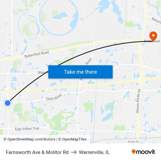 Farnsworth Ave & Molitor Rd to Warrenville, IL map