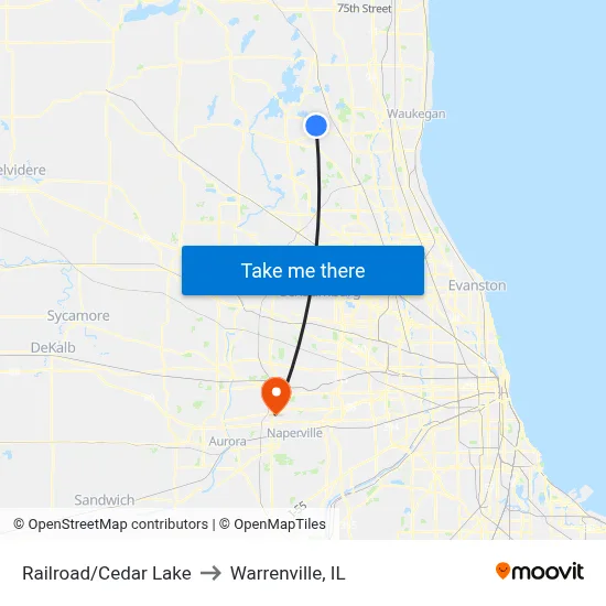Railroad/Cedar Lake to Warrenville, IL map