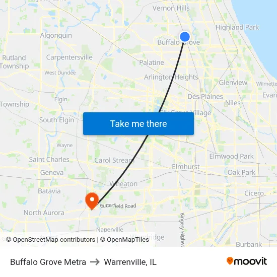 Buffalo Grove Metra to Warrenville, IL map