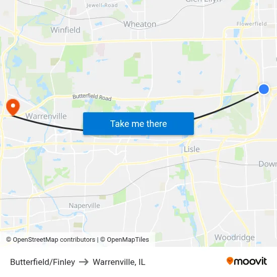 Butterfield/Finley to Warrenville, IL map