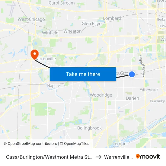 Cass/Burlington/Westmont Metra Station to Warrenville, IL map
