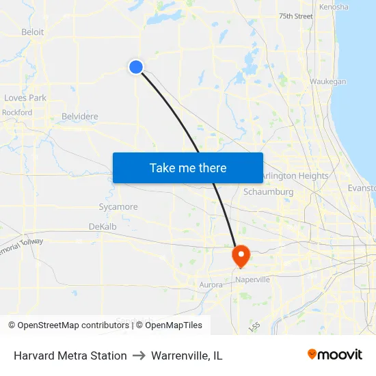 Harvard Metra Station to Warrenville, IL map