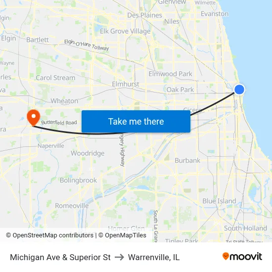 Michigan Ave & Superior St to Warrenville, IL map