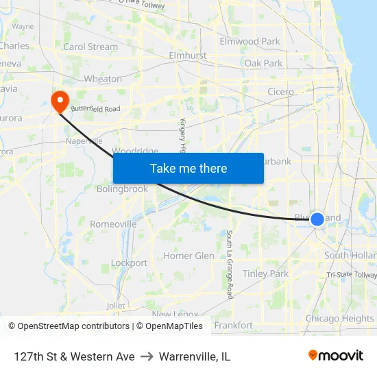 127th St & Western Ave to Warrenville, IL map