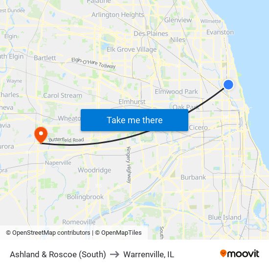 Ashland & Roscoe (South) to Warrenville, IL map