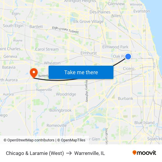 Chicago & Laramie (West) to Warrenville, IL map