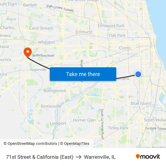 71st Street & California (East) to Warrenville, IL map