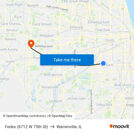 Fedex (6712 W 75th St) to Warrenville, IL map