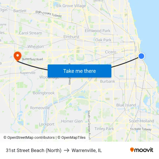 31st Street Beach (North) to Warrenville, IL map