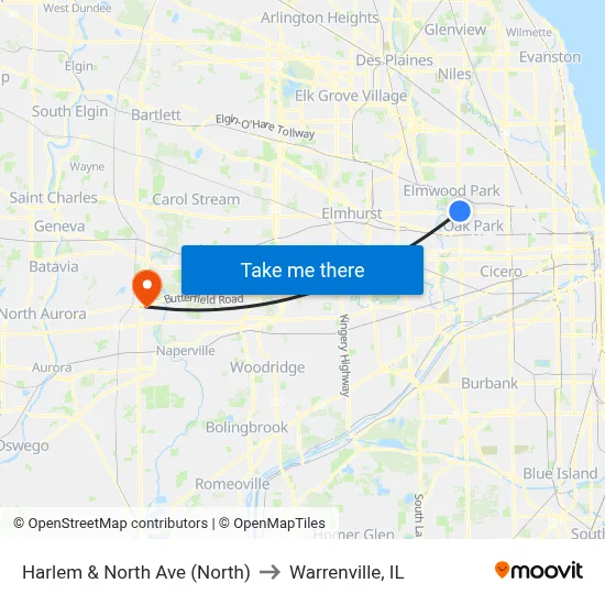 Harlem & North Ave (North) to Warrenville, IL map