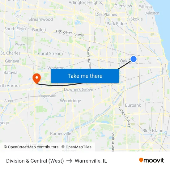 Division & Central (West) to Warrenville, IL map