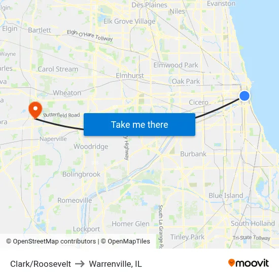 Clark/Roosevelt to Warrenville, IL map