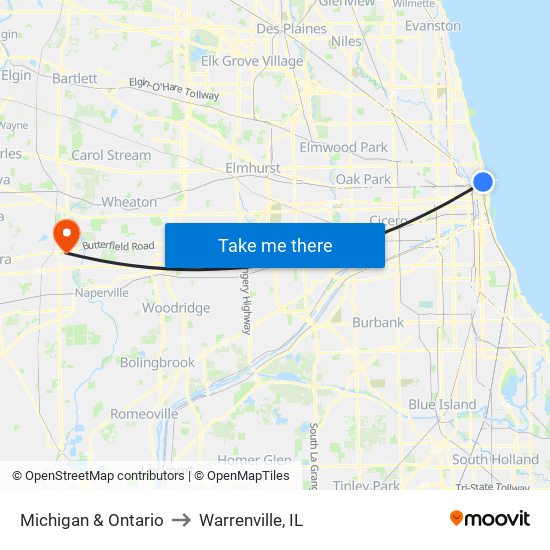 Michigan & Ontario to Warrenville, IL map