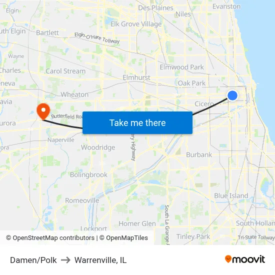 Damen/Polk to Warrenville, IL map