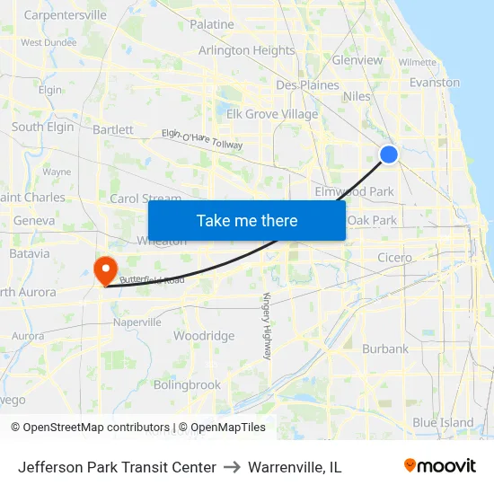 Jefferson Park Transit Center to Warrenville, IL map