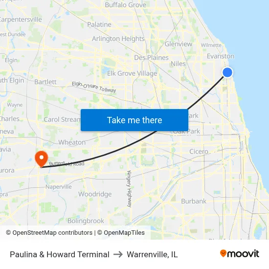 Paulina & Howard Terminal to Warrenville, IL map