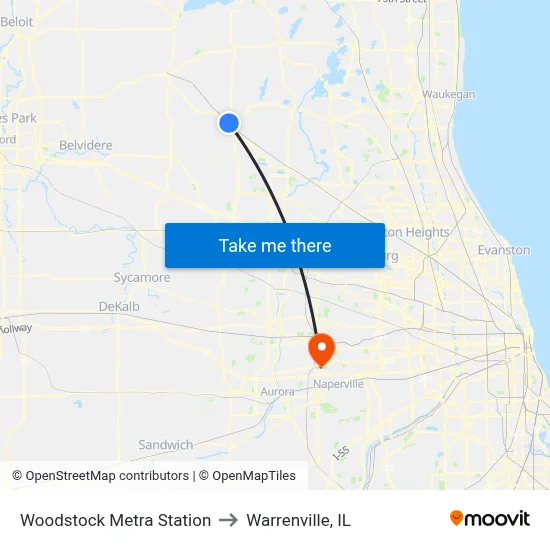 Woodstock Metra Station to Warrenville, IL map