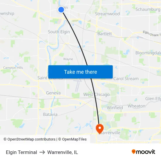 Elgin Terminal to Warrenville, IL map