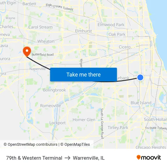 79th & Western Terminal to Warrenville, IL map