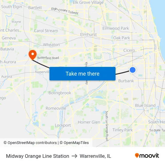 Midway Orange Line Station to Warrenville, IL map