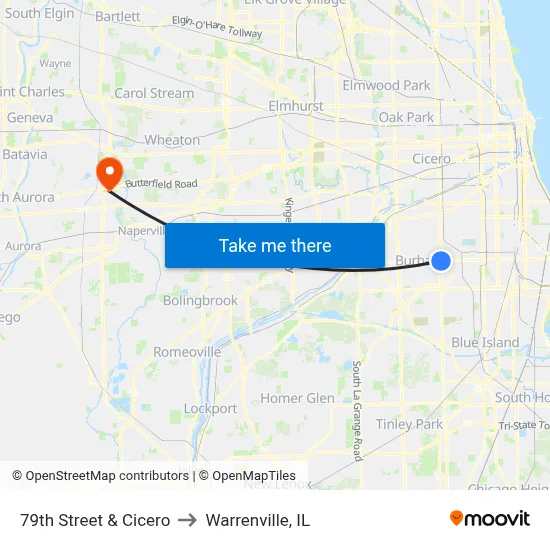 79th Street & Cicero to Warrenville, IL map