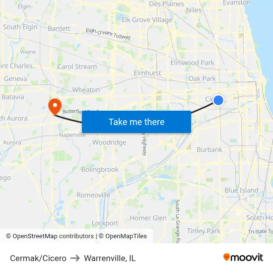 Cermak/Cicero to Warrenville, IL map