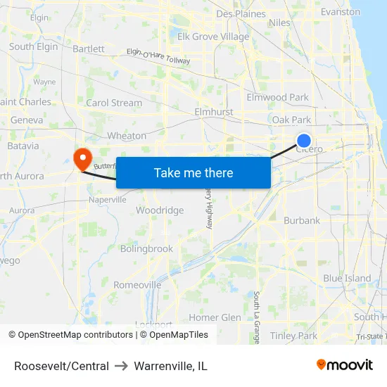 Roosevelt/Central to Warrenville, IL map